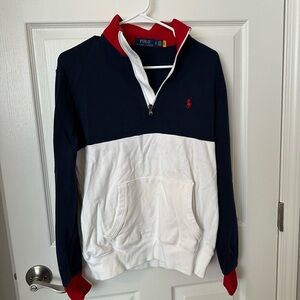 Ralph Lauren Men's Navy, White, and Red Zip-Up Sweater